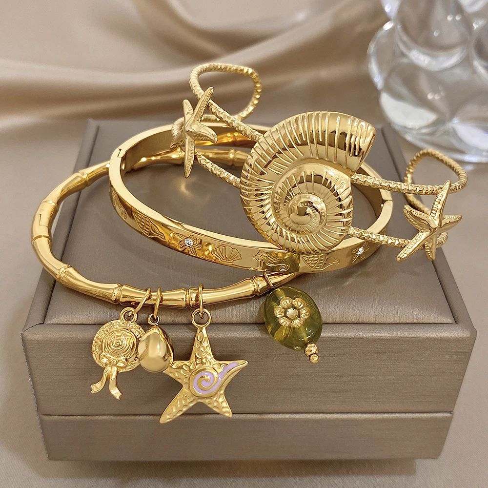 Greatera Carve Armband im Ozean-Stil mit Bambus-Gelenk-Seestern-Anhänger, klassischer Armreif aus Edelstahl, Damenschmuck für Partys, INS