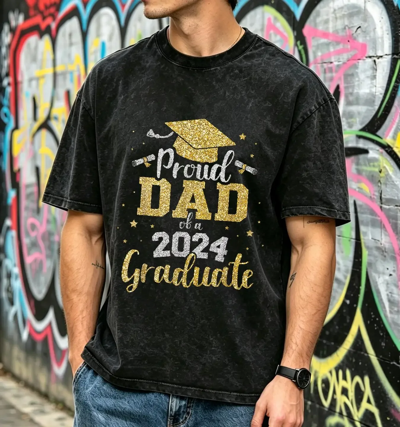 washed T Shirt Proud dad of a class 2024 graduate senior graduation long or short sleeves vintage Washed Casual homme