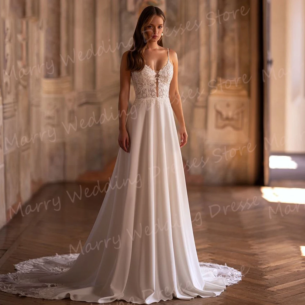 Affascinante una linea abiti da sposa da donna Appliques di pizzo Vintage abiti da sposa Sexy Sweetheart Spaghetti Straps Vestidos Novias Boda