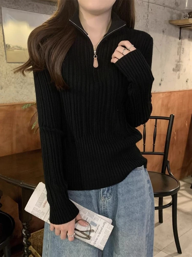 خمر جديد سليم كم طويل رقيقة تريكو المرأة الخريف الدافئة عادية شيك مطاطا سترة تصميم الرجعية هيبورن متماسكة البلوز 2025