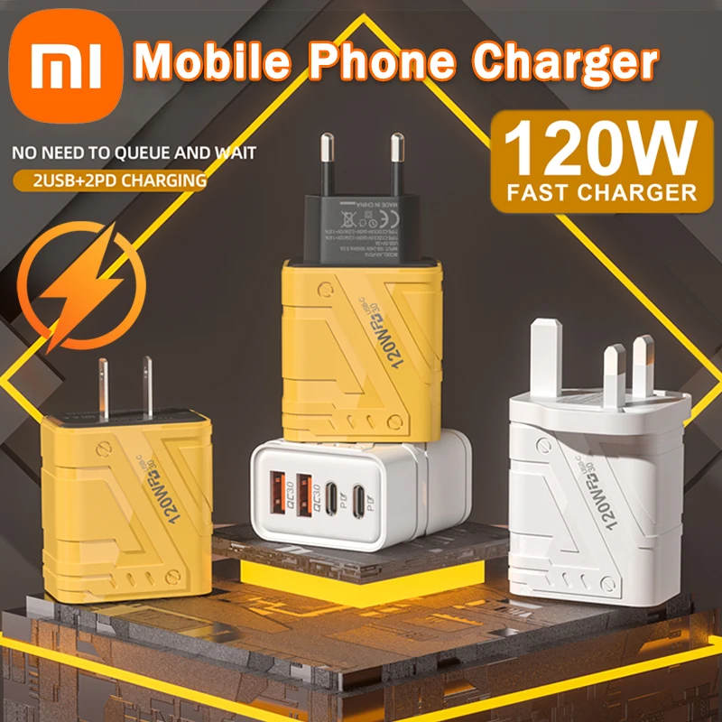 Xiaomi-cargador de carga súper rápida, 120W, 2PD, 2USB, 4 puertos, adaptador de cargador de velocidad estilo Mech para iPhone, Samsung, Huawei, enchufe UE, EE. UU., Reino Unido