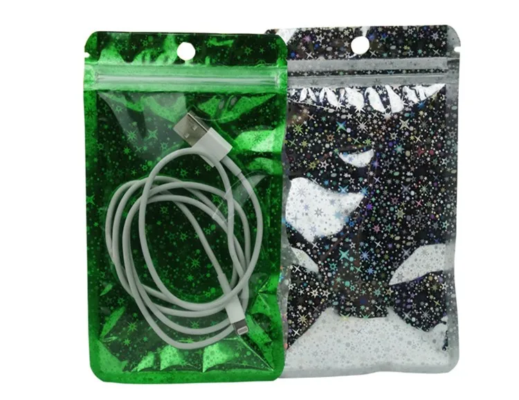 100pcs Laser Green/Gold Zipper Bag Resealable Hologram Jewelry Gift Eye Shadow Pen Eyelash Brush Nails Packaging Hnaging Pouches