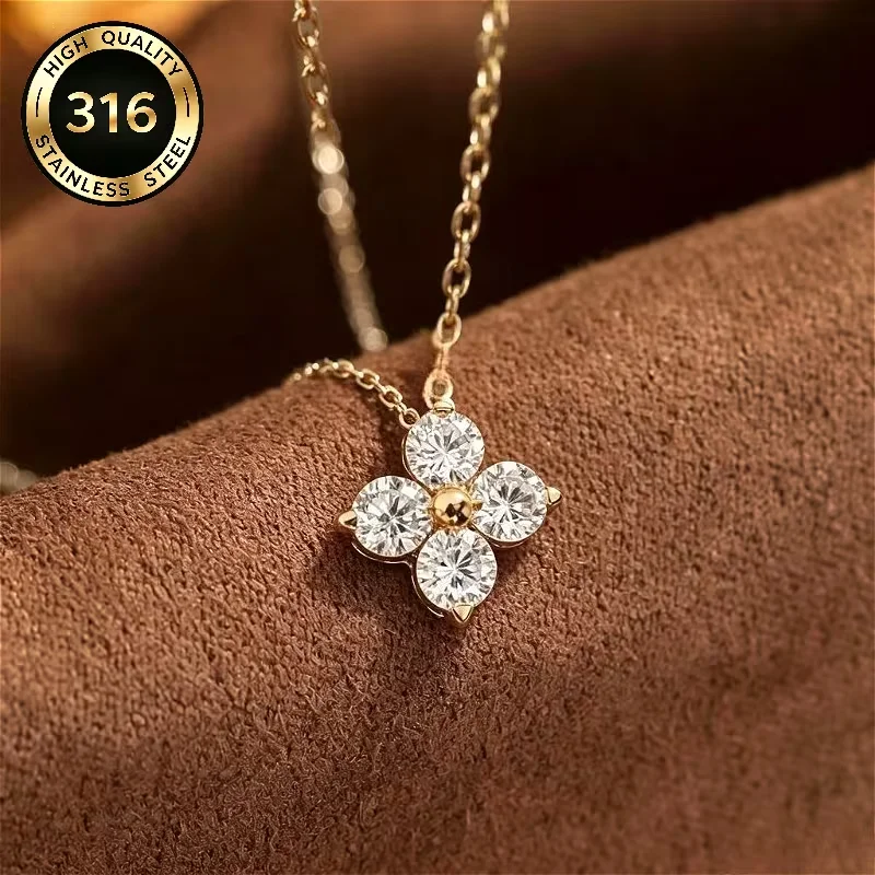 1PCs Stainless Steel Shiny Zircon Necklaces for Women 18K Gold PVD Plated Four Leaf Grass Clavicle Choker Elegant Plant Jewelry