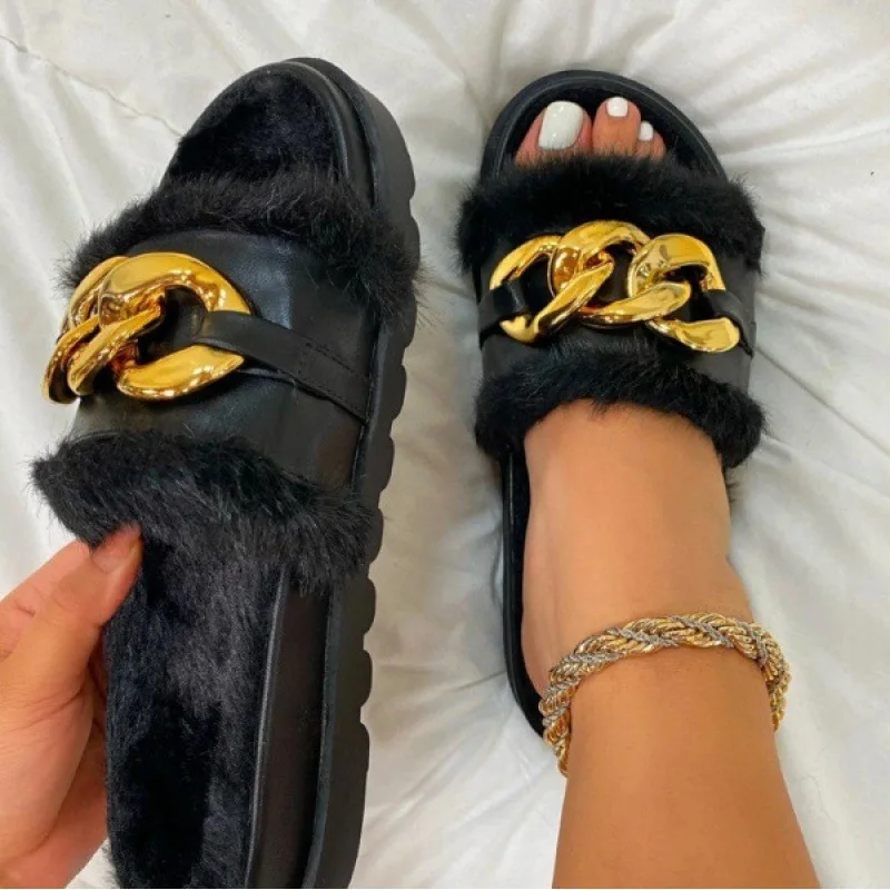 2024 Women Autumn/Winter New Luxury Brand Metal Buckle Hairy Slippers Chain Slippers Home Sandals Fashion Slippers - view 5