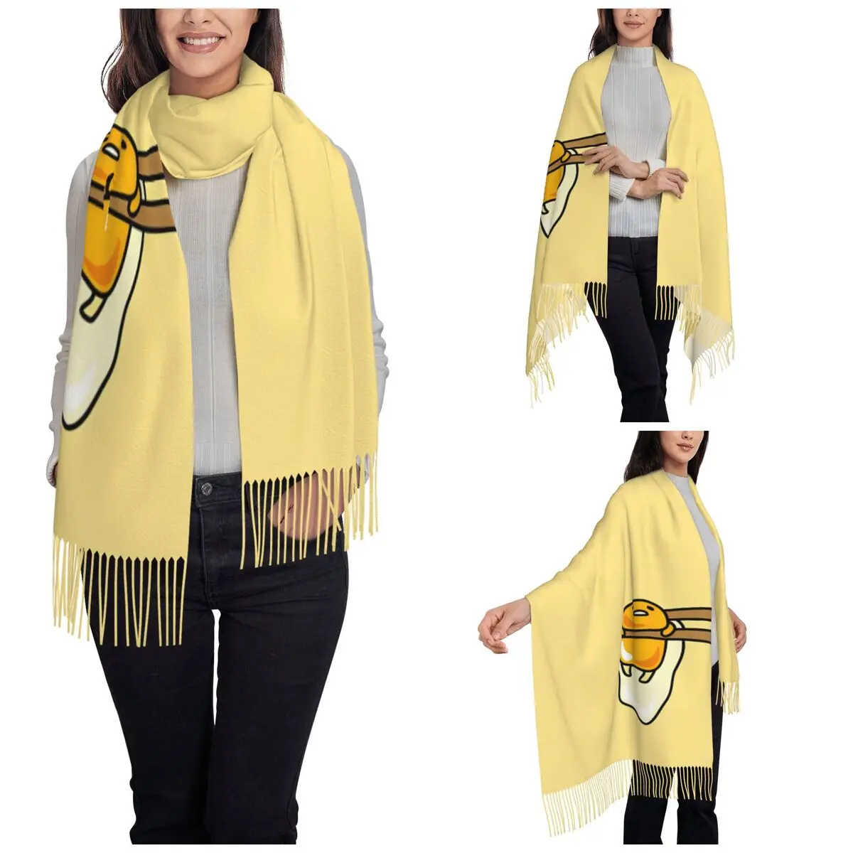 Gudetama Chopsticks Scarf for Womens Fall Winter Pashmina Shawl Wrap Long Scarves with Tassel for Ladies