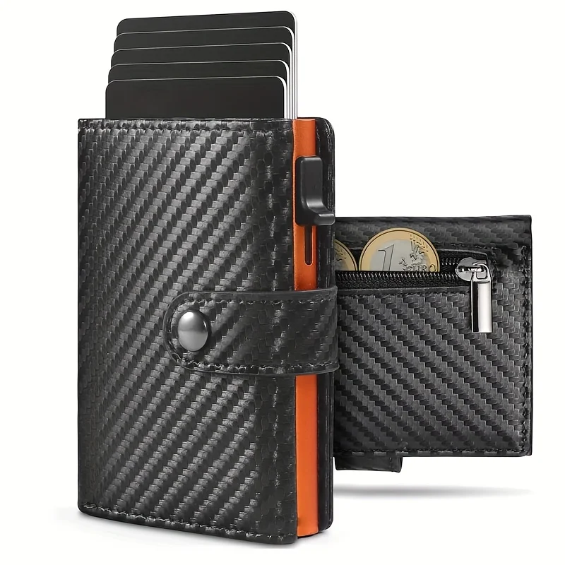 Stylish Pop-Up Wallet Black Carbon Fiber and Aluminum Credit Card Holder, Carbon Fiber Microfiber Synthetic Leather Slot and RFI