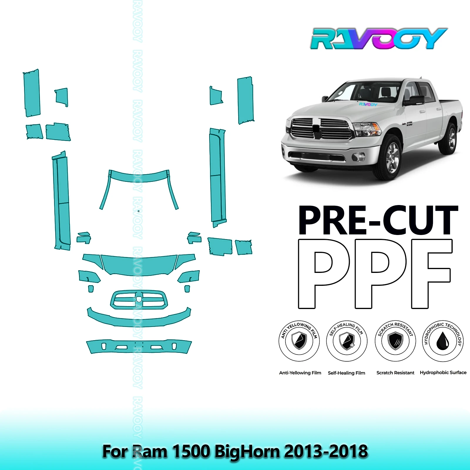 

Передний комплект + брюки, прозрачный бюстгальтер, предварительно вырезанная защитная пленка PPF для Ram 1500 BigHorn 2013-2018