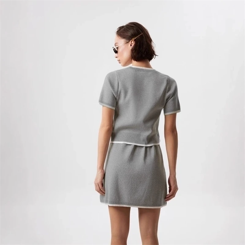 Elegant Soft Vintage Women Suits 2 Pieces Skirt Sets | Short Sleeve Sweater & Mini Skirt Knitted TrackSuit