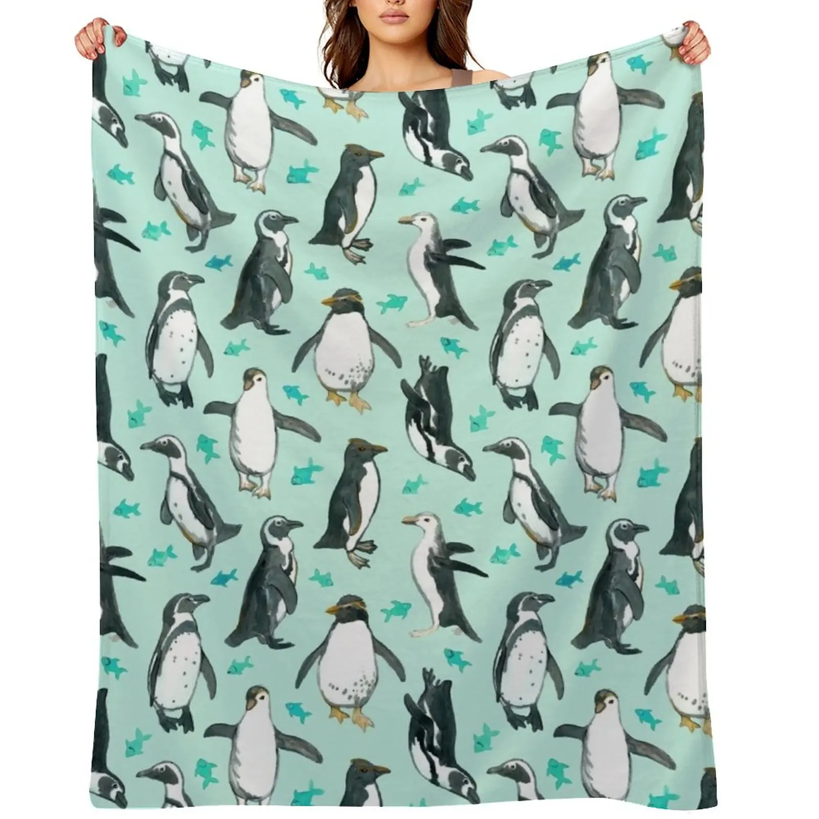 

Lots of Little Penguins on mint Throw Blanket cosplay anime Sofa Throw Fashion Sofas Loose Blankets