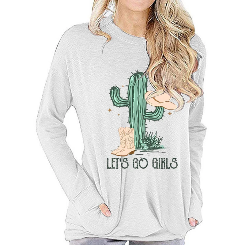 Western Cactus Let’s Go Girls Print T Shirt Women Graphic Shirts Casual Long Sleeved Pink Female Tee O-neck Harajuku T-shirts