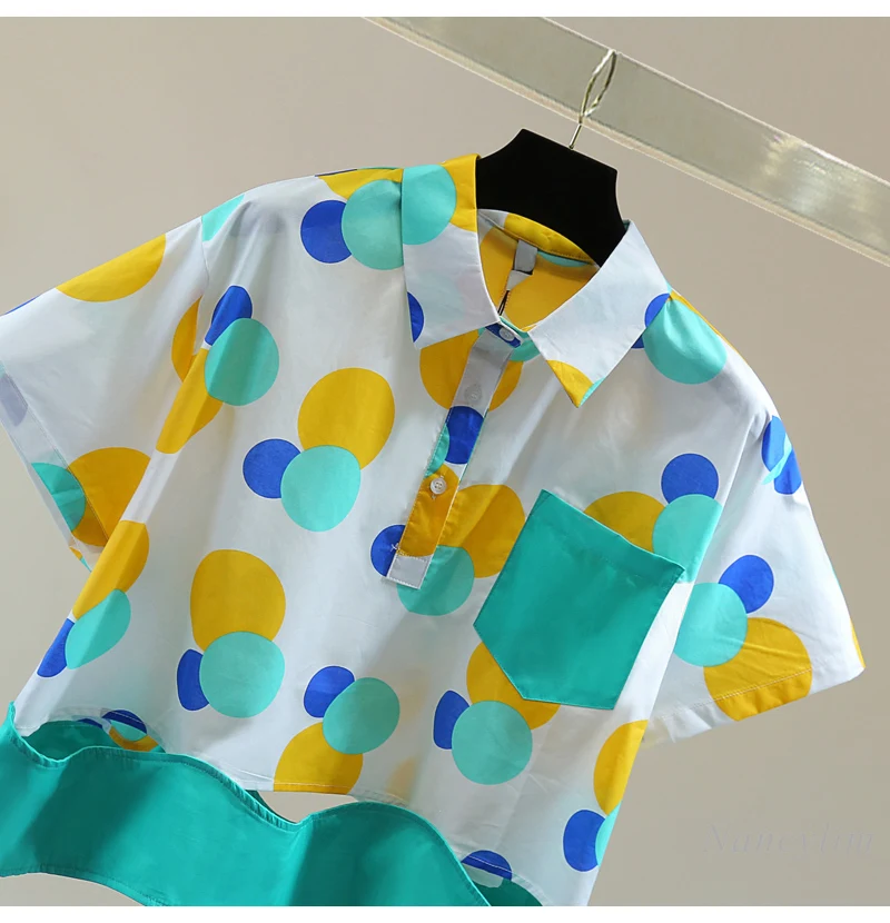 Bohemian Color Polka Dot Pullover Short-sleeved Shirt Women 2025 Summer Vacation Loose and Thin Wavy Edge Splicing Hollow Blouse