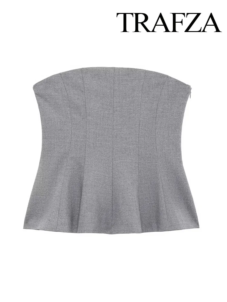 

TRAFZA Women's New Fashion Sexy Short Skirt Hem Strapless Backless Slim Top Female Elegant Off Shoulder Zippered Sleeveless Top