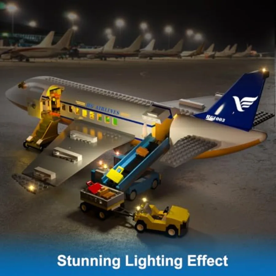 21-Inch Large City Passenger Airplane Building Set with LED Light Plane Model Toys with 2PCS Luggage Trucks, Terminal, Radar To