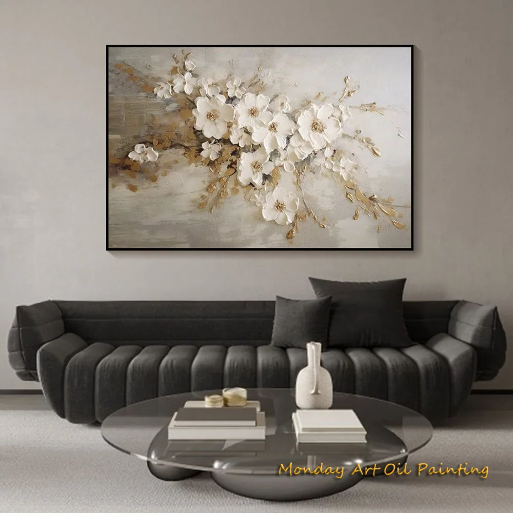 

Оригинальная ручная картина маслом на холсте с цветами, текстурированная Настенная картина, нейтральный тон, пользовательская цветочная картина, современное искусство