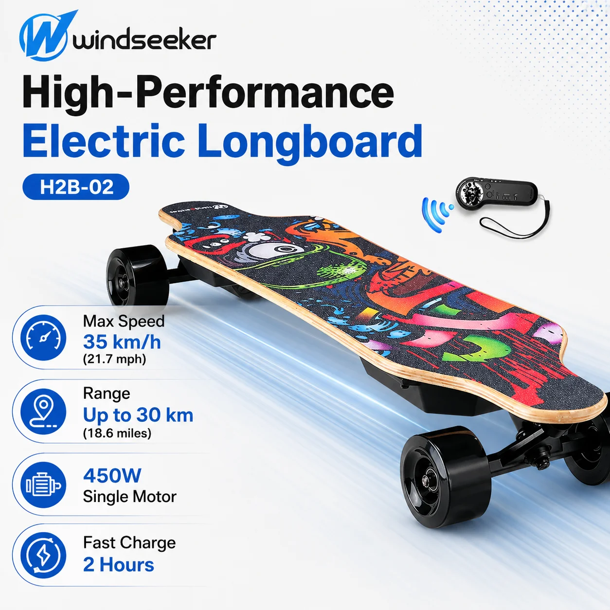 

Windseeker H2B-02 Electric Longboard Skateboard, 450W Motor, 35km/h Speed, 30km Range, Remote Control, EBS Brake