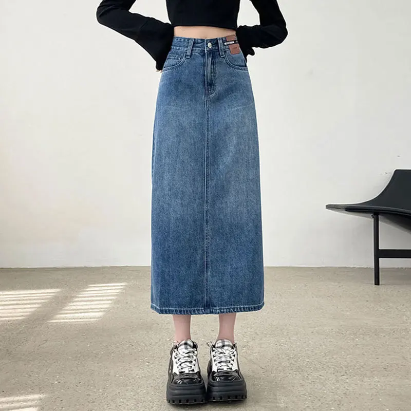 

Women's Retro Denim Skirt Fashion High Waist Split Wrap Buttocks Self Cultivation Denim Skirt A-Line Jeans Skirt