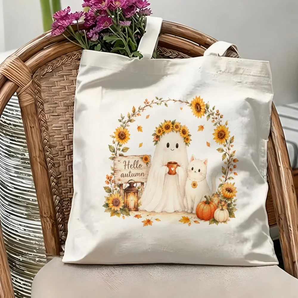 2026 Spooky Ghost Witch Hat Canvas Shoulder Bag Autumn Halloween Pumpkin Graphic Tote Fashion Women Travel Grocery Pouch