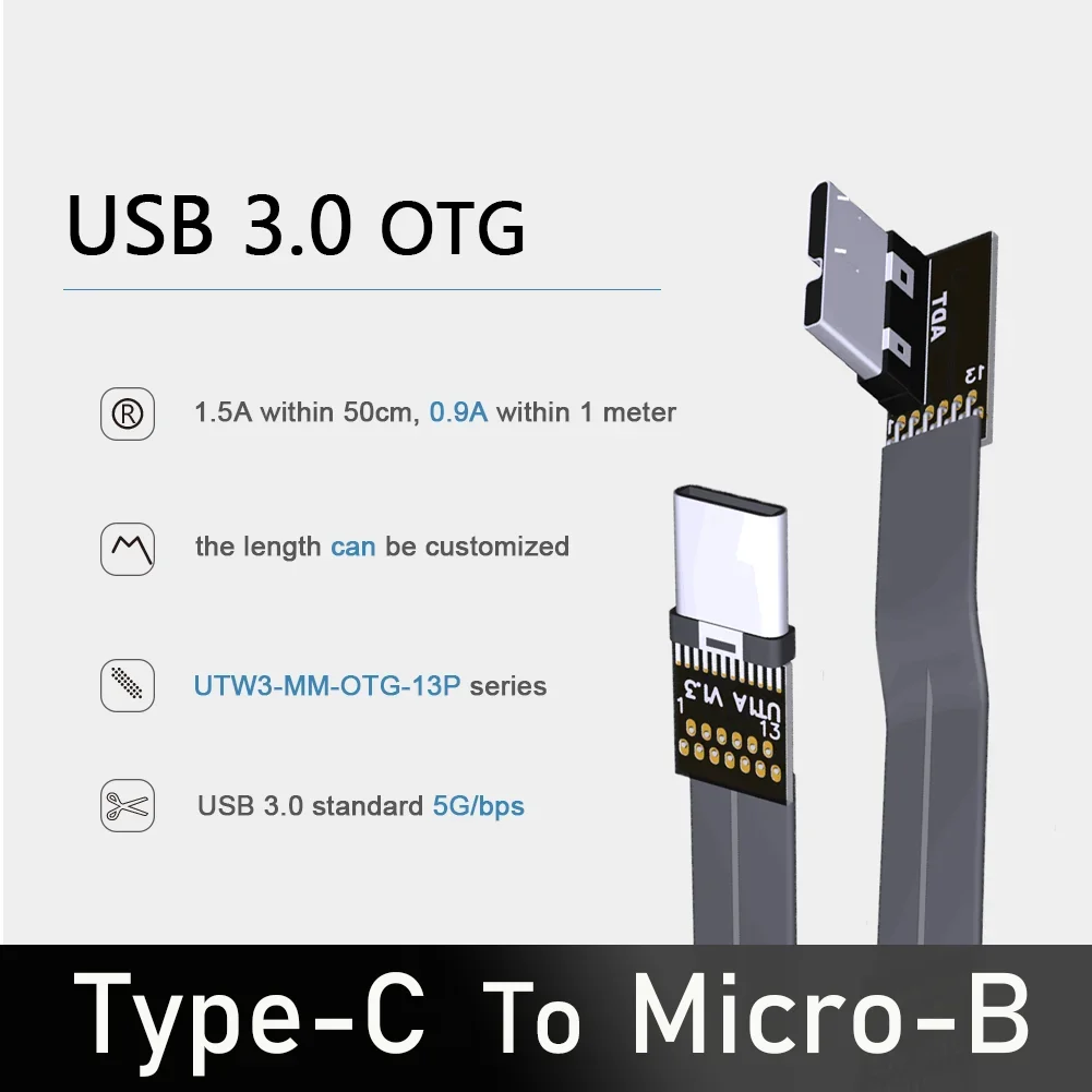 

OTG Right Left Angled Micro USB 3.0 To Type-C Flexible Ribbon Cable FFC Cord FPV Flat Cable USB C Micro-B Male To Male 5G/bps