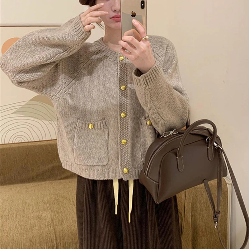 Winter Elegant Knitted Women Sweater Korean Long Sleeve Soft Cardigan Thick Sweater With Pocket Sweet Knitewear Coat Jackets