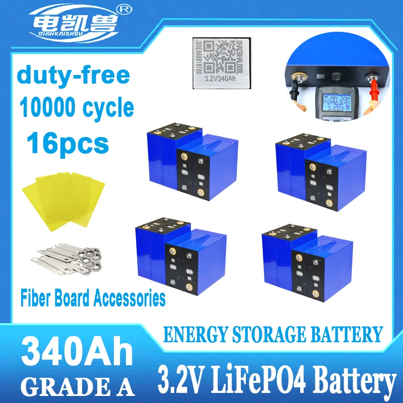 16pcs 3.2V 340ah Lifepo4 Lithium iron phosphate battery 10000 cycles grade a Rechargeable cells for Home energy storage inverter