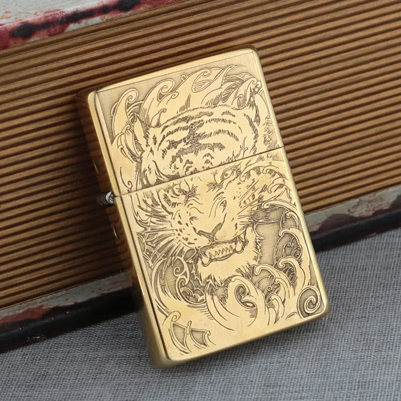 ZORRO Brass Ultra Thin Double Sided Carved Windproof Kerosine Lighter Vintage Grinding Wheel Ignition Unusual Lighters Smoking - view 4