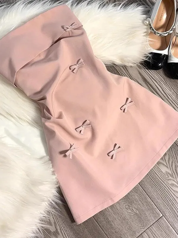 Pink 3D  Knot Tube Top Dress Korean Style Summer Pure Desire Spicy Short Skirt Women's INS A-Line  Dress