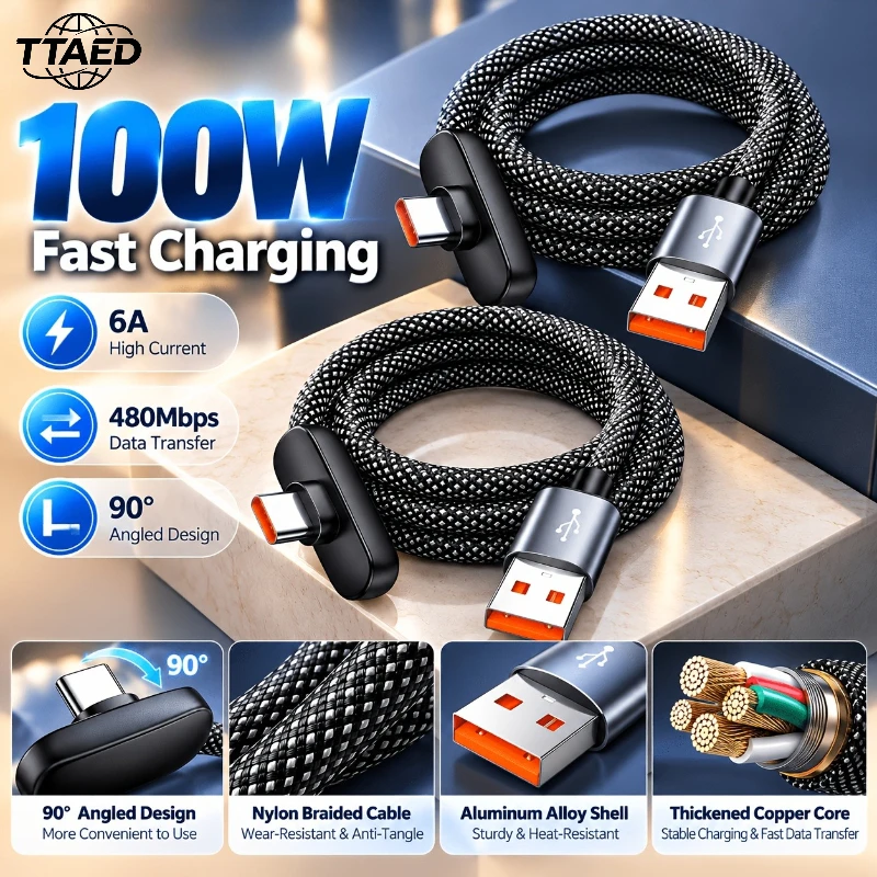 90° Elbow Mobile Phone Data Cable 60W/100W Fast Charging USB C To Type C Cable for Samsung Xiaomi Oneplus USB Type C Cable