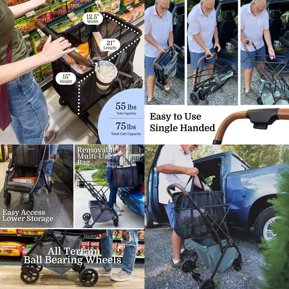 

Luxury Shopping Cart with Premium Wheels - Lightweight Removable Bag and Lower Storage for 75Lbs Capacity (Sage v2)