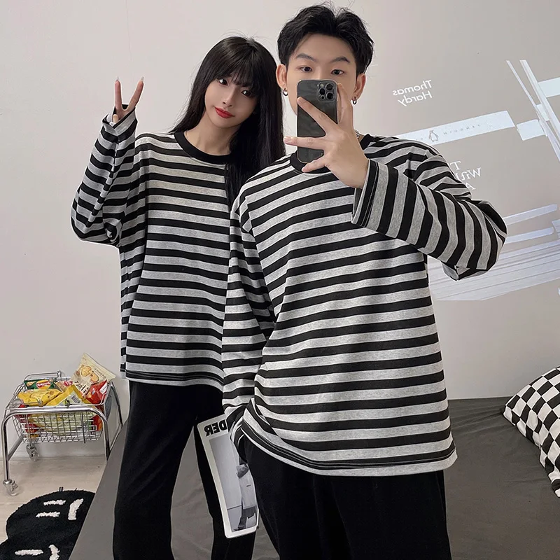 Autumn new knitted cotton imitation women\'s pajamas striped couple double long simple and comfortable men\'s homewear suit