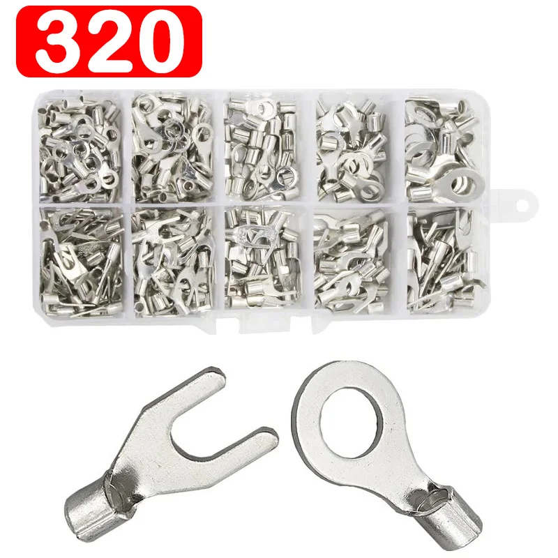 320Pcs/Box 10 In 1 Terminals Non-Insulated Ring Fork U-type Brass Terminals Assortment Kit Cable Wire Connector Crimp Spade