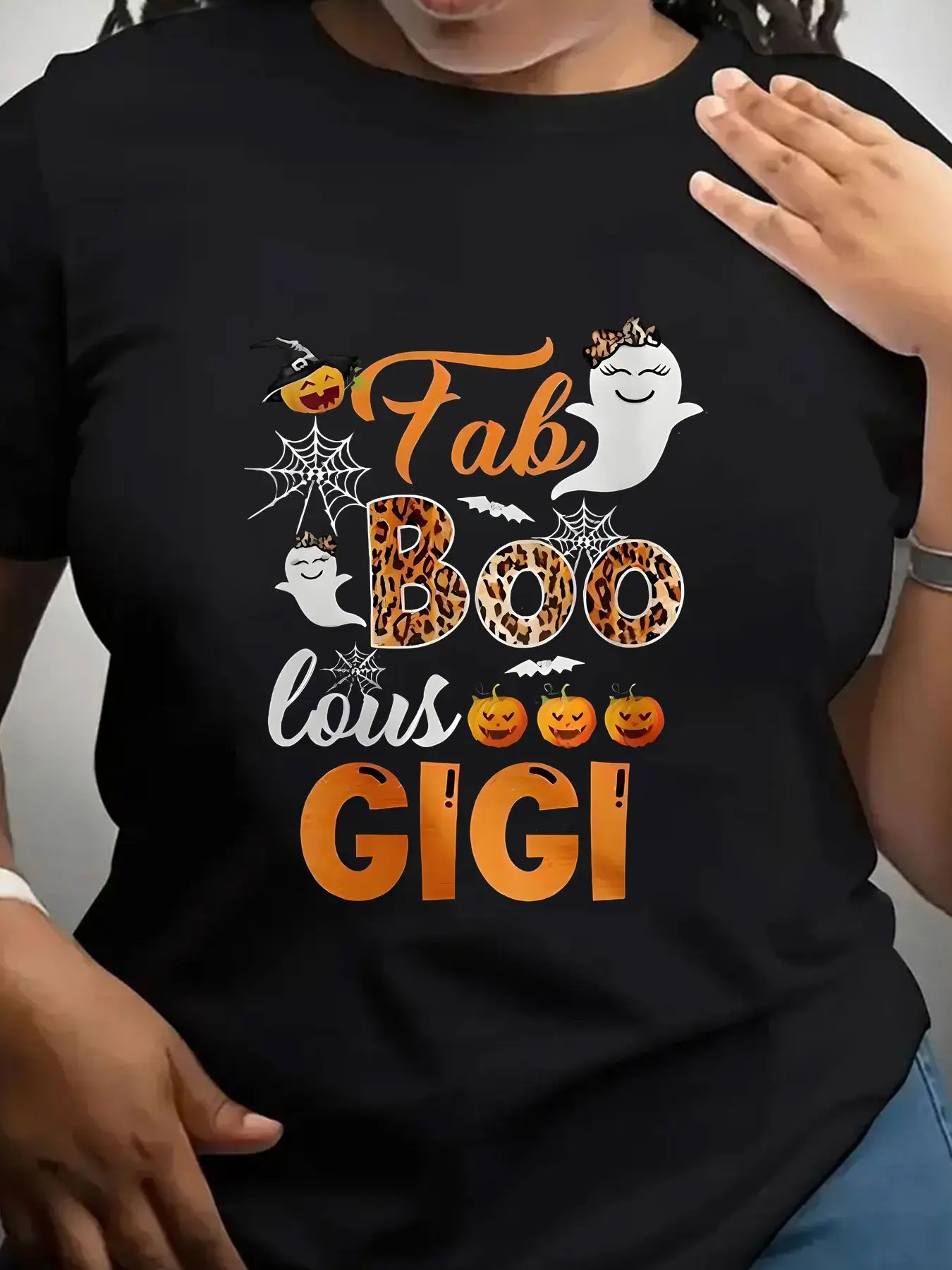Women's Trendy Crew Neck T-Shirt Fab Boo Gigi Halloween Design Suitable for Casual Sportswear