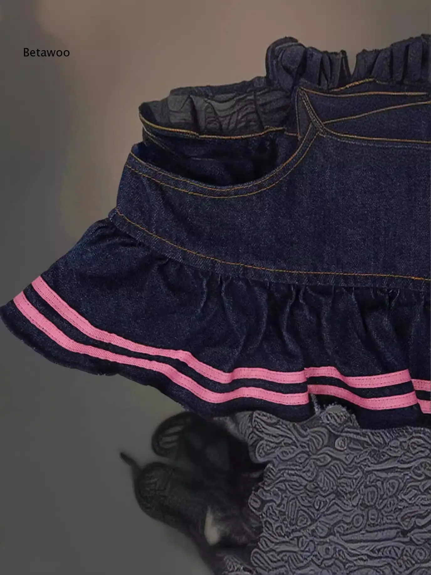 Girls Denim Mini Skirt with Plaid Ruffle Hem, High Waist Bow Heart Patchwork Pleated A-Line Short Jeans Skirt for Kids Summer