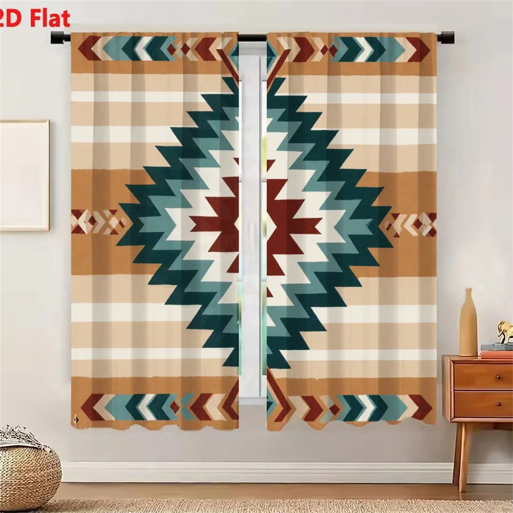2Pcs Curtains 2D Flat Symmetrical Geometric Pattern Inspired by Native American Southwestern Textiles with Earthy Tones Maroon T