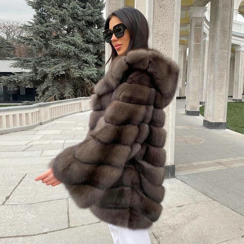 Hooded Sable Color Natural Fox Fur Coat Women Luxury Fashion Outertwear Warm High High Quality Real Fur Jacket Female 2023 New