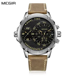 MEGIR Men's Casual Chronograph Luxury Leather Strap Quartz Sport Wristwatch Clock Waterproof Man Business Watches Reloj Hombre