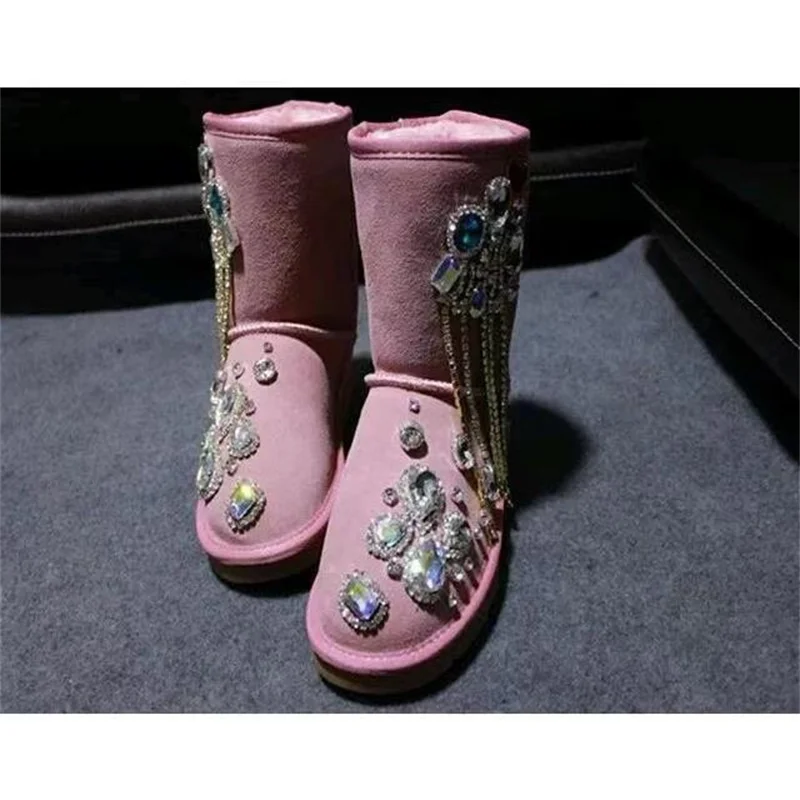 

Mid-tube leather fashion rhinestone tassel chain tendon sole snow boots solid color cowhide women's warm cotton shoes