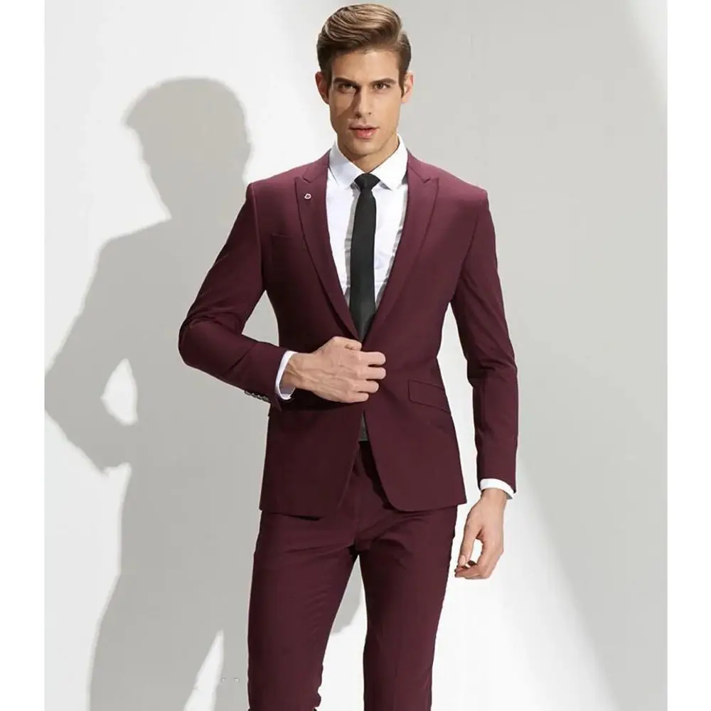 

Latest Design Groom Wedding Tuxedo 2024 Slim Fit Suits for Men One Button Burgundy Peak Lapel Groomsmen Male Suit (Jacket+Pants)