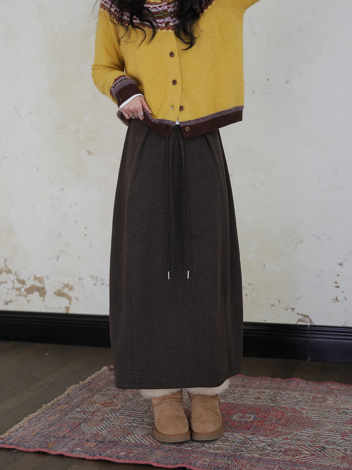 

Женская зимняя модная элегантная длинная шерстяная юбка миди А-силуэта с высокой талией и флисовой подкладкой DR Vintage