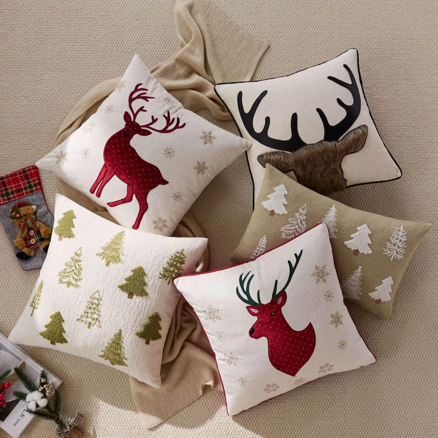 

Christmas Decorative Pillow Cover Embroidered Trees Deer Snowflakes Soft Cozy Cushion 45x45cm 30x50cm for Living Room & Bedroom