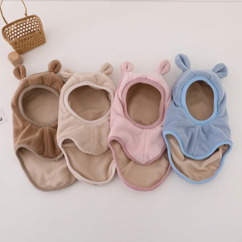 New Winter Warm Bear Ear Children Scarf Hat Boys Girls One-Piece Hat Outdoor Windproof Hood Beanies Cap Plush Balaclava Hat