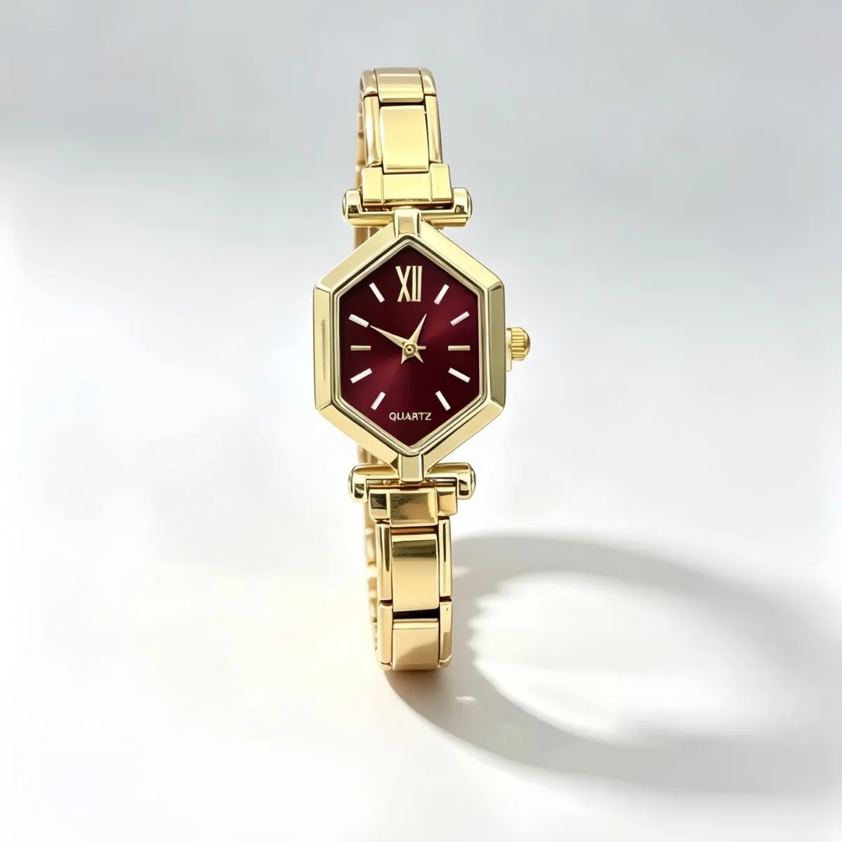 Hexagonal Women Quartz Italian Charm Watch Sunburst Dial Golden Stainless Steel Band Roman Numeral Analog Ladies Wristwatch Gift