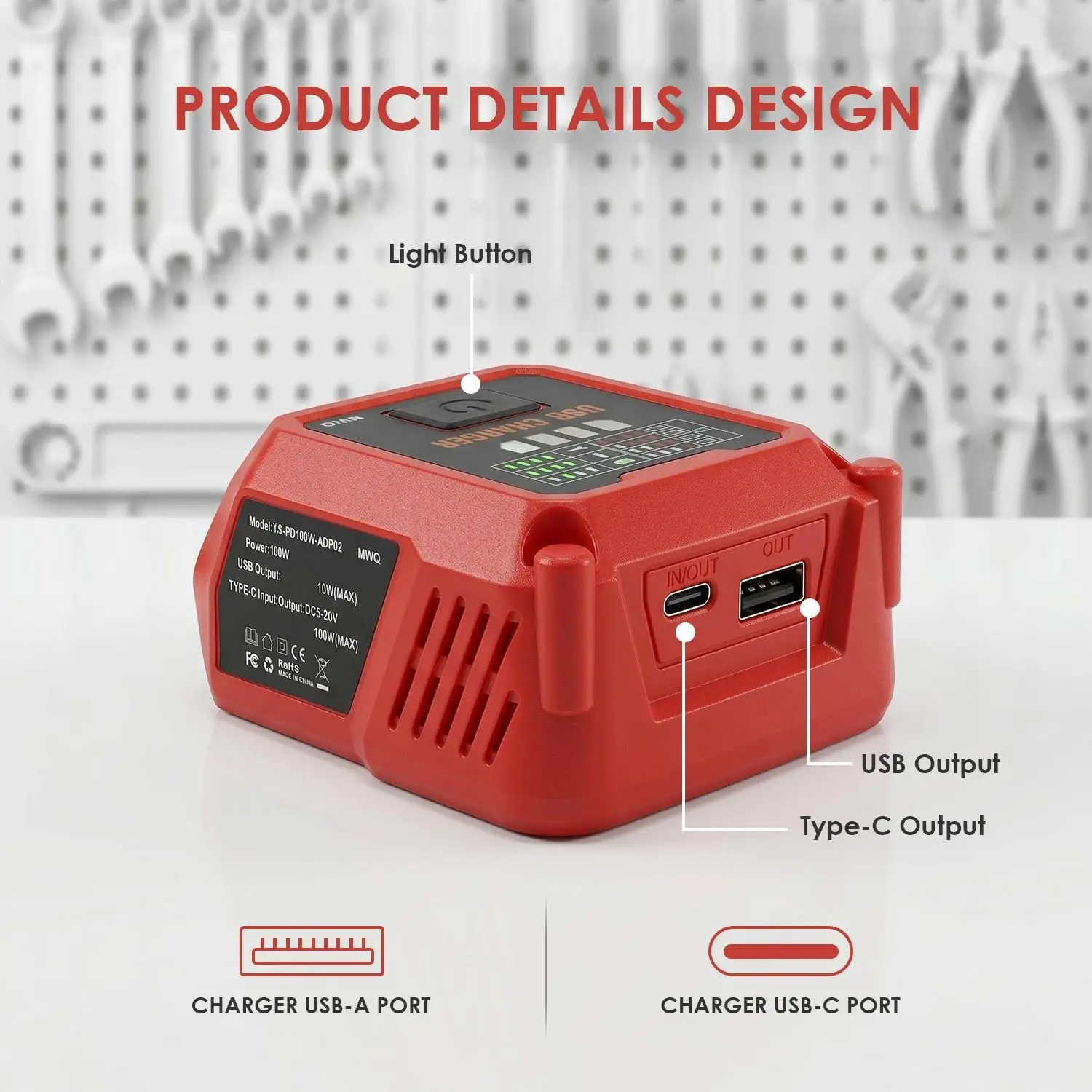 2-in-1 100W Fast Charger for Makita/Dewalt/Milwaukee/Bosch 18V Battery with USB Type-C  Port, Portable Power Adapter, Tool Only