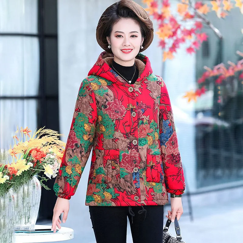 Mother Winter Down Cotton-padded Jacket 2024 New Middle-aged And Elderly Women Large Size Fleece Fashion Print Warm Coat Women6X