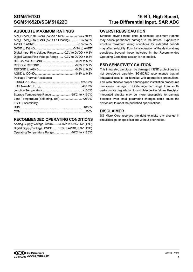 2Pcs/Lot SGM51613DXTQE16G/TR TQFN-16,16-Bit, High-Speed,True Differential Input, SAR ADC,electronics