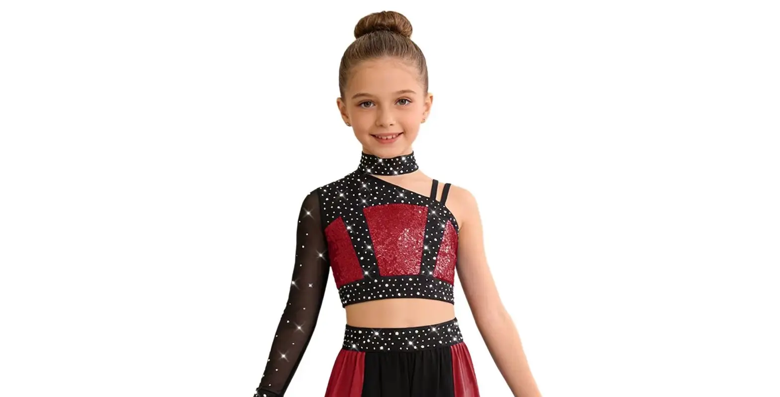 

Детский костюм для лирического балета и современного танца для девочек: сетчатый топ с длинными рукавами, блестящими стразами и пайетками, и шифоновые брюки с разрезами.