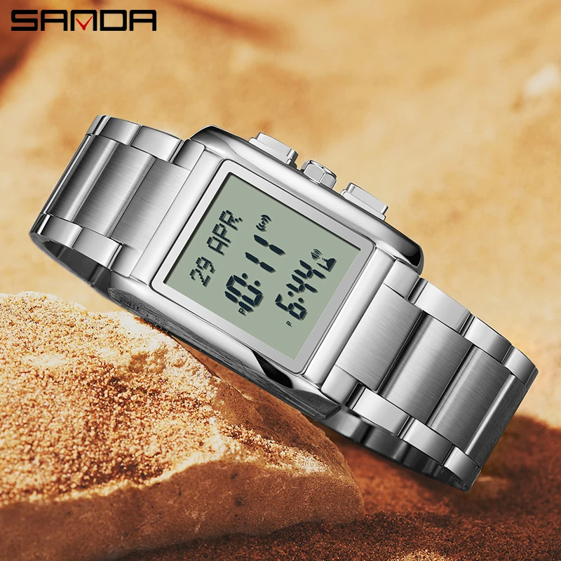 SANDA 6169 Men Electronic Watches Round Square Fashion Luminous Stainless Steel Strap Arabic Tidal Worship Male Wrist Watch