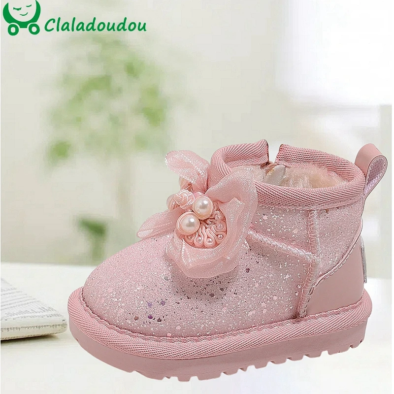 

Claladoudou Bling Girls Snow Boots With Retro Bowtie-knot,Beige Pink Warm Plush Winter Shoes For Kids Toddler Little Princess