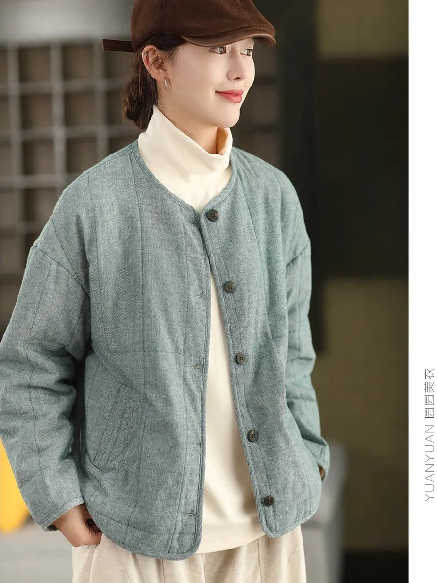 

Retro Zen Cotton Liner Jaet Women's Winter New Loose Casual Thi Warm round Ne Cotton Coat Long Sve Single Button