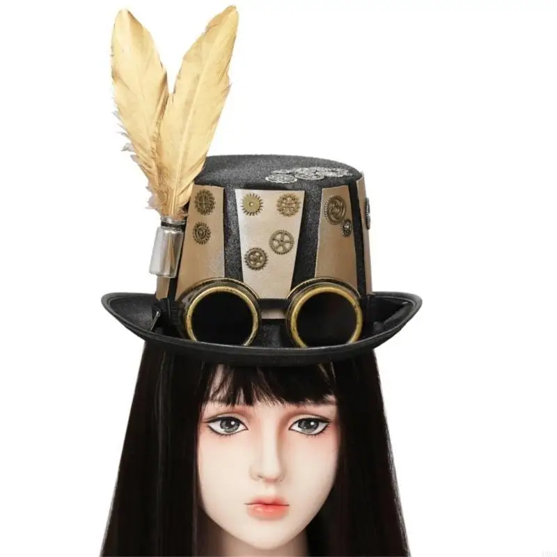 

Unisex Steampunk Top Hat with Brim and Goggles Vintage Headwear 49MB