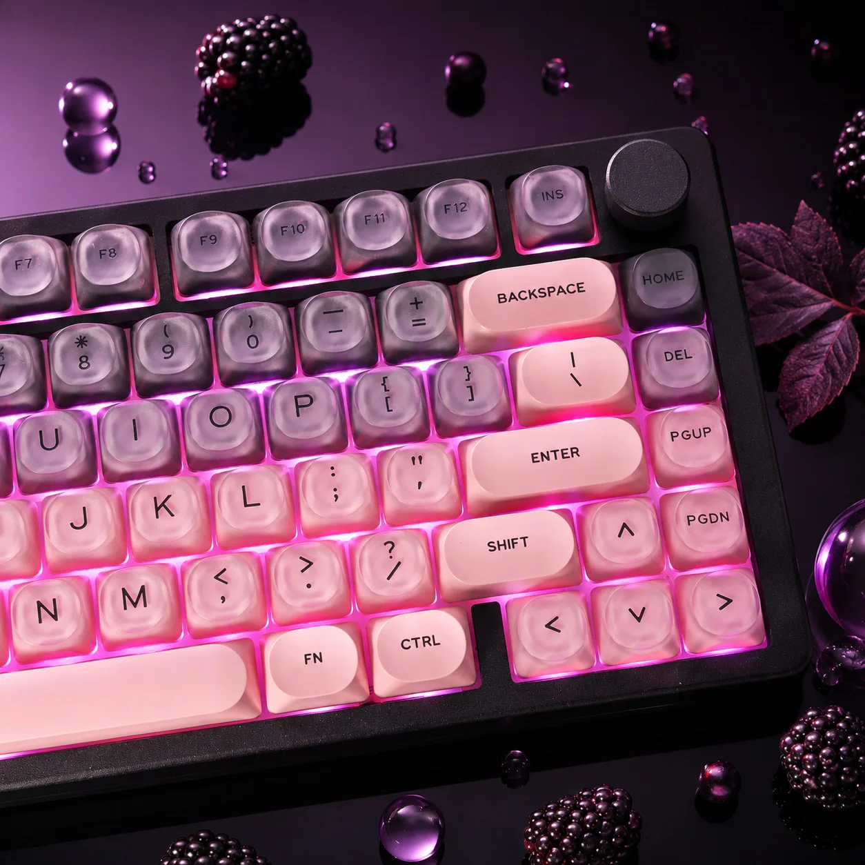 Juego de teclas de cristal con degradado de color negro y rosa, personalizable, para teclados mecánicos de juegos, juego de teclas PBT para teclados de 61, 75, 87, 96, 104 y 108 teclas.